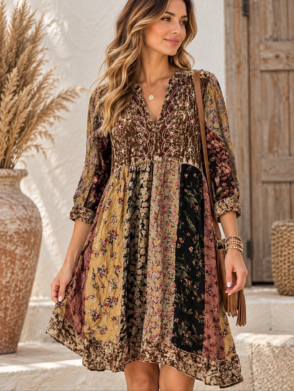 🌵615.Boho Patchwork Floral V-Neck Dress in Multi Brown